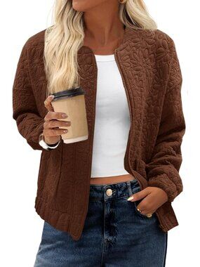 Women's Brown Jacquard Bomber Jacket Zip Up Lightweight Casual Fall Coat